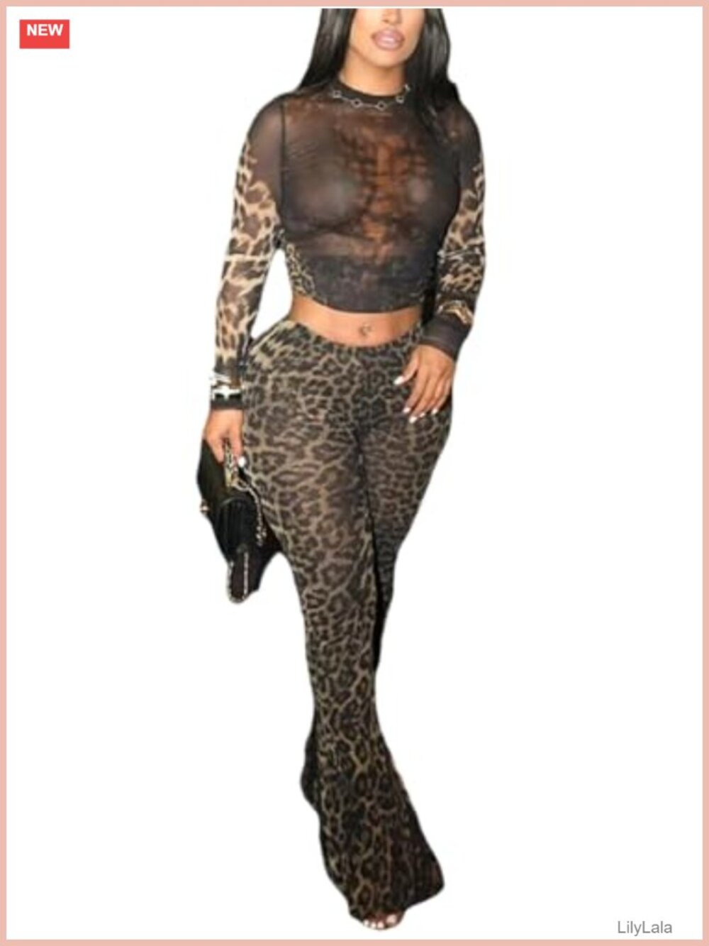 Women's Print Mesh Top & Flared Pant Set See-Through Club Outfit